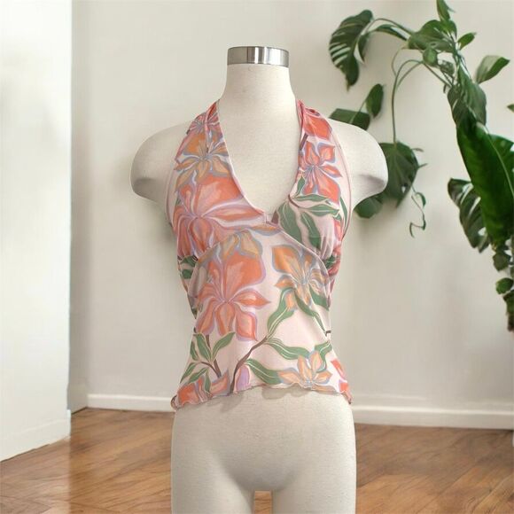 See You Monday Pink Chiffon Mesh Halter Top Cropped Medium Neck Tie - Picture 1 of 6